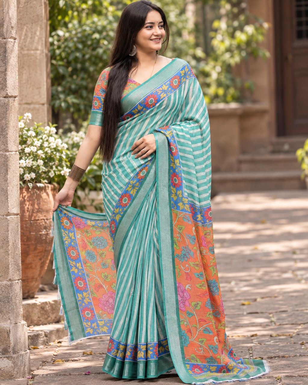 Sea Green Leheriya Stripes Saree