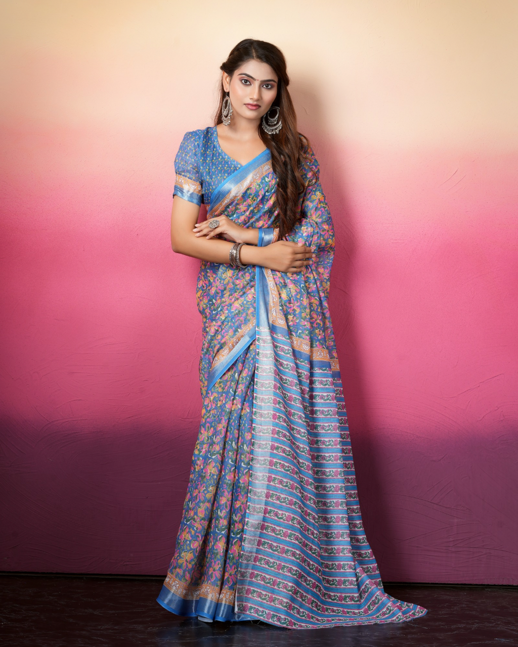 Cornflower Blue Floral Striped Saree