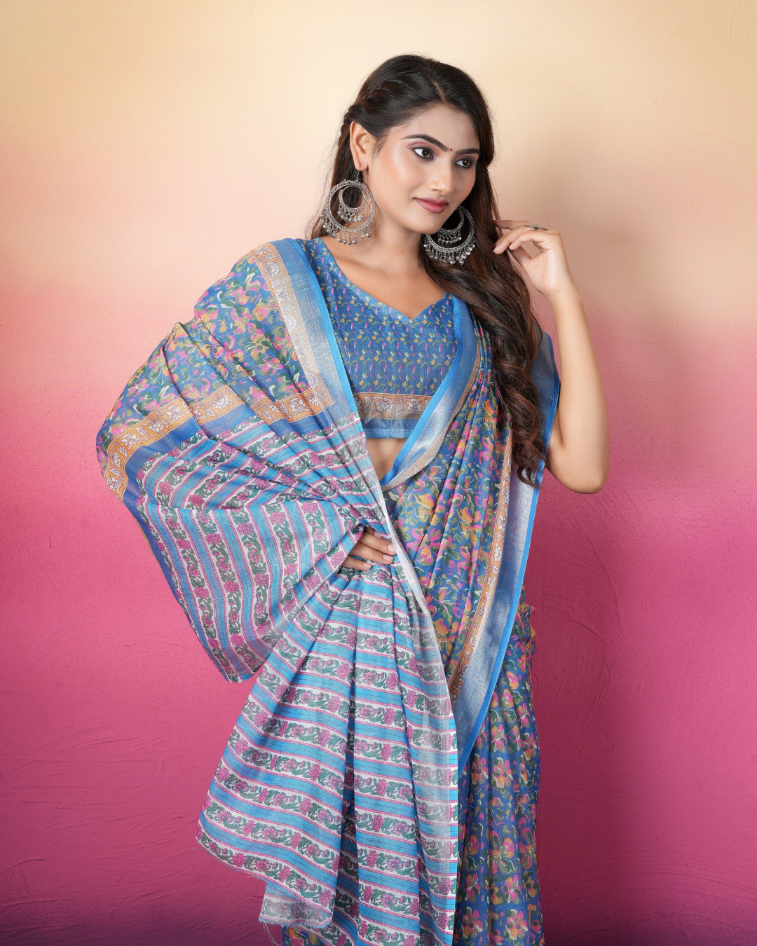 Cornflower Blue Floral Striped Saree