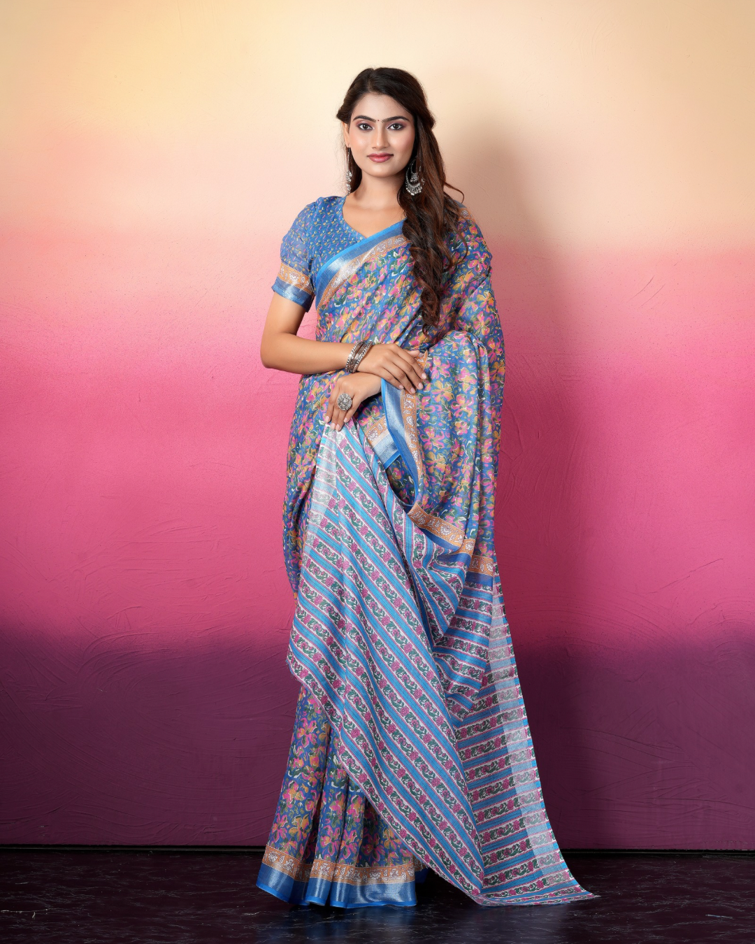 Cornflower Blue Floral Striped Saree