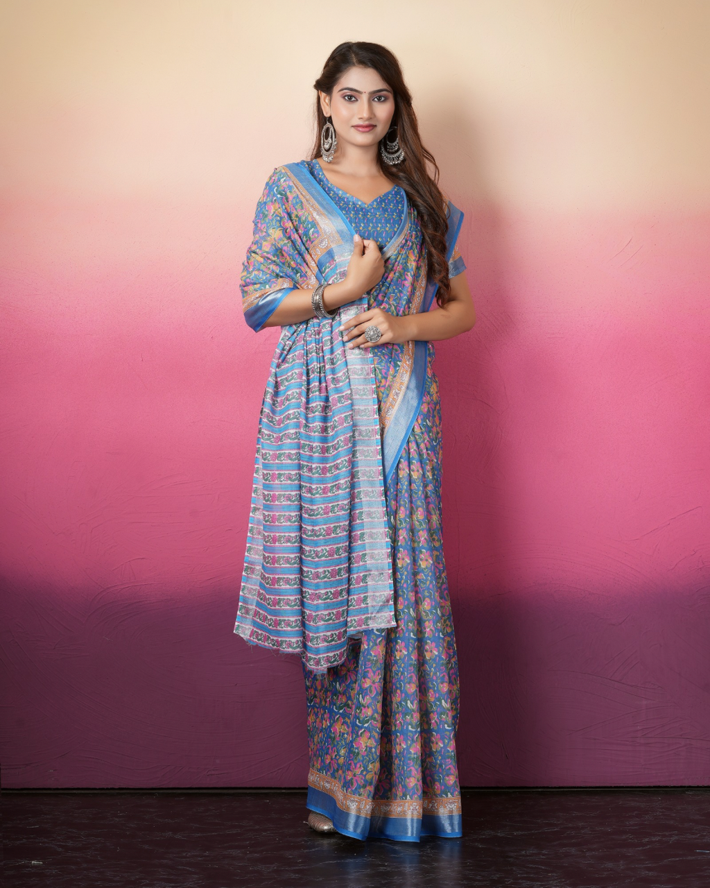 Cornflower Blue Floral Striped Saree