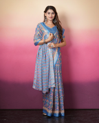 Cornflower Blue Floral Striped Saree