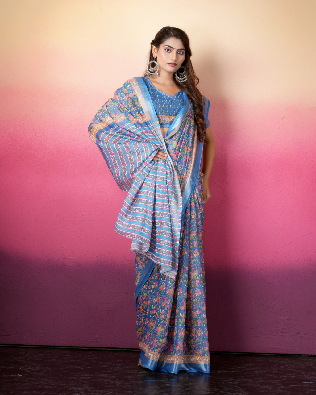 Cornflower Blue Floral Striped Saree