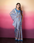Cornflower Blue Floral Striped Saree