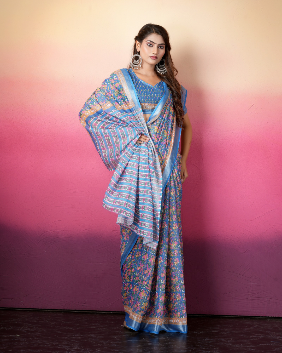 Cornflower Blue Floral Striped Saree
