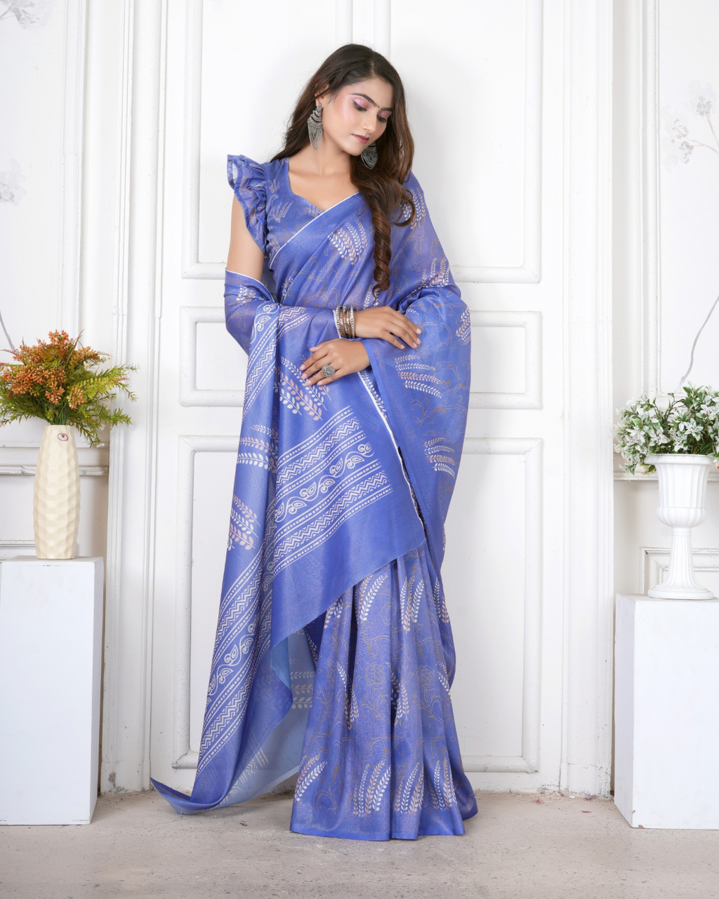 Periwinkle Blue Wheat Motif Saree