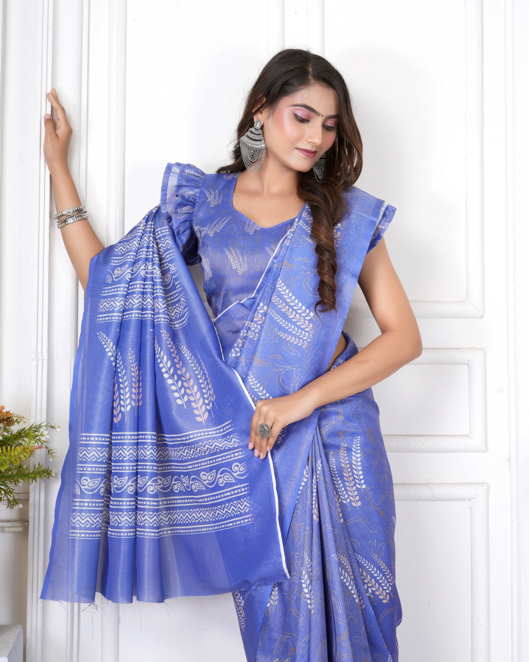 Periwinkle Blue Wheat Motif Saree
