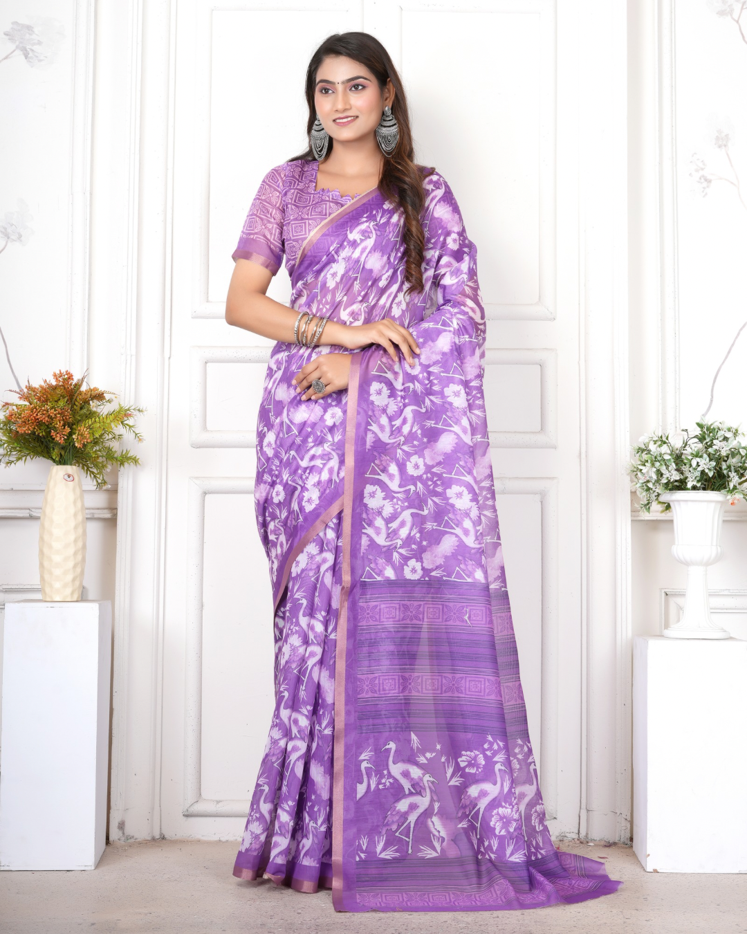 Lavender Crane Bird Print Saree