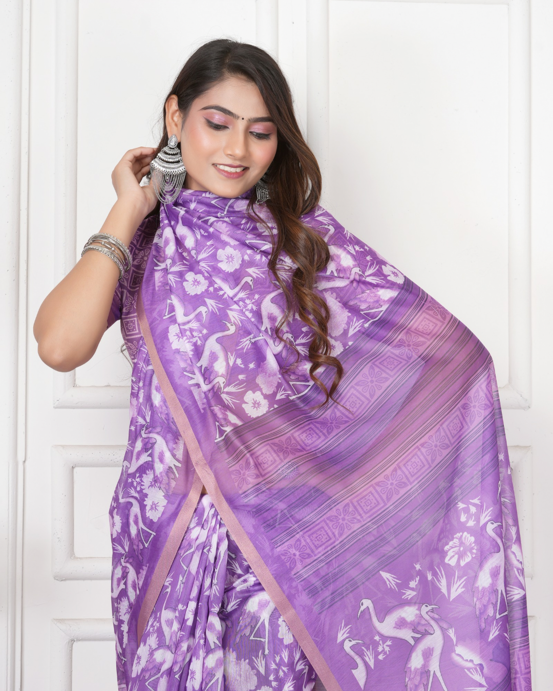 Lavender Crane Bird Print Saree