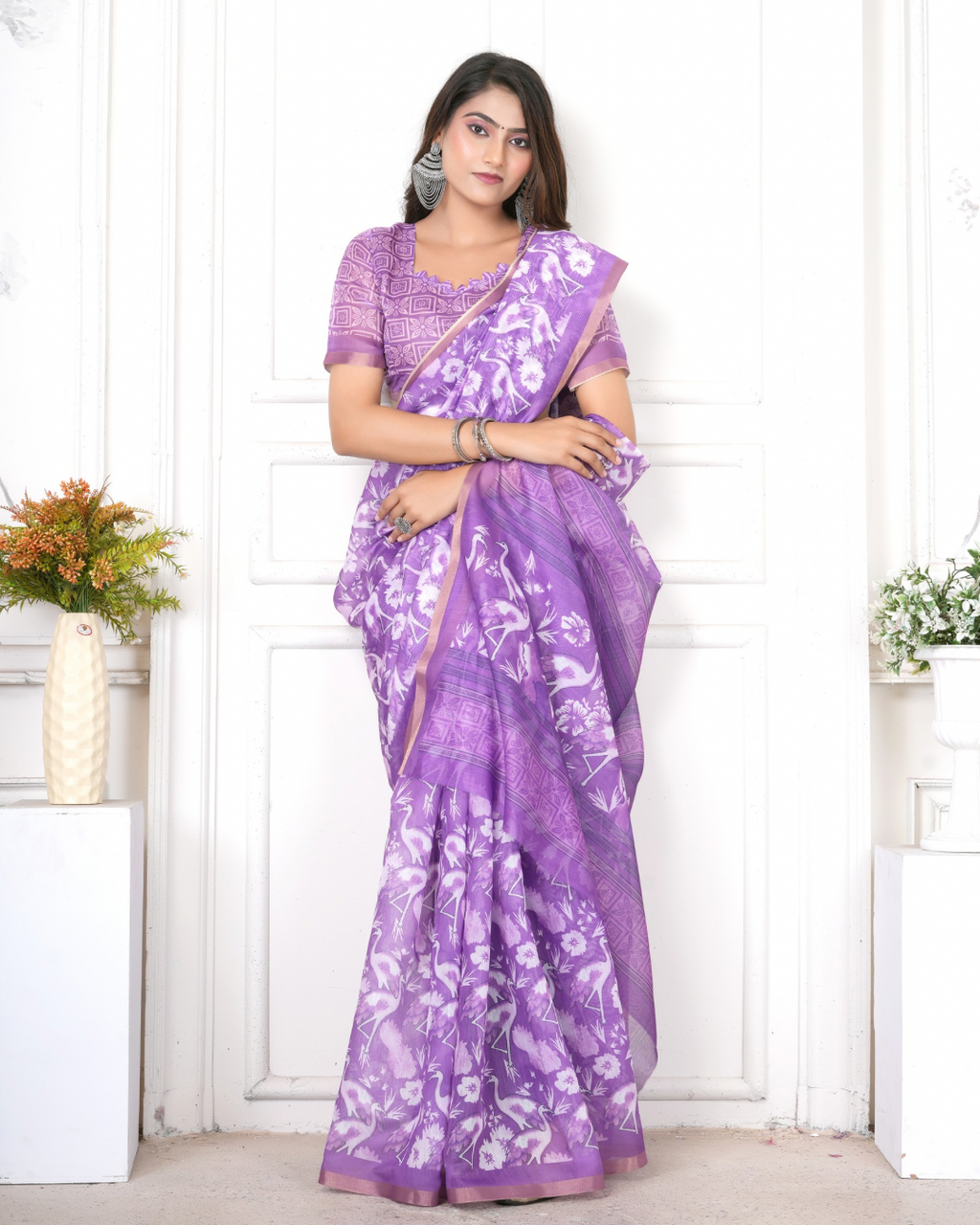 Lavender Crane Bird Print Saree
