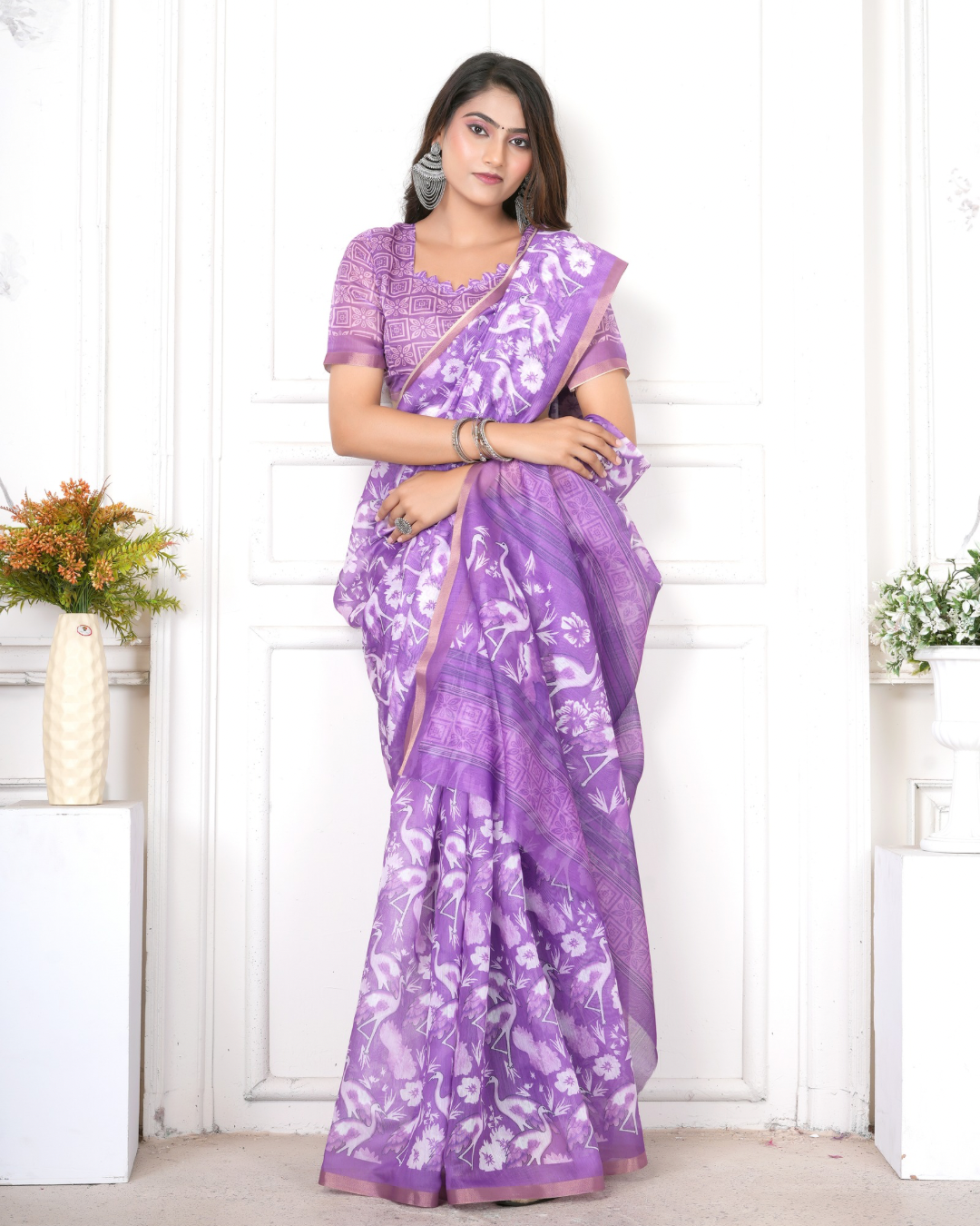 Lavender Crane Bird Print Saree