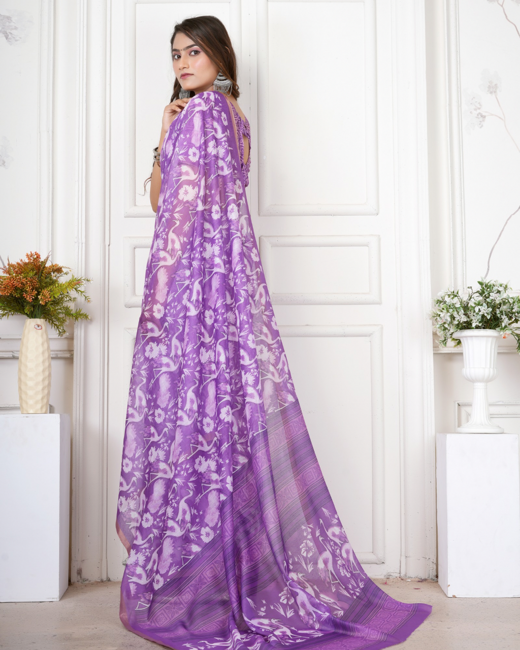 Lavender Crane Bird Print Saree