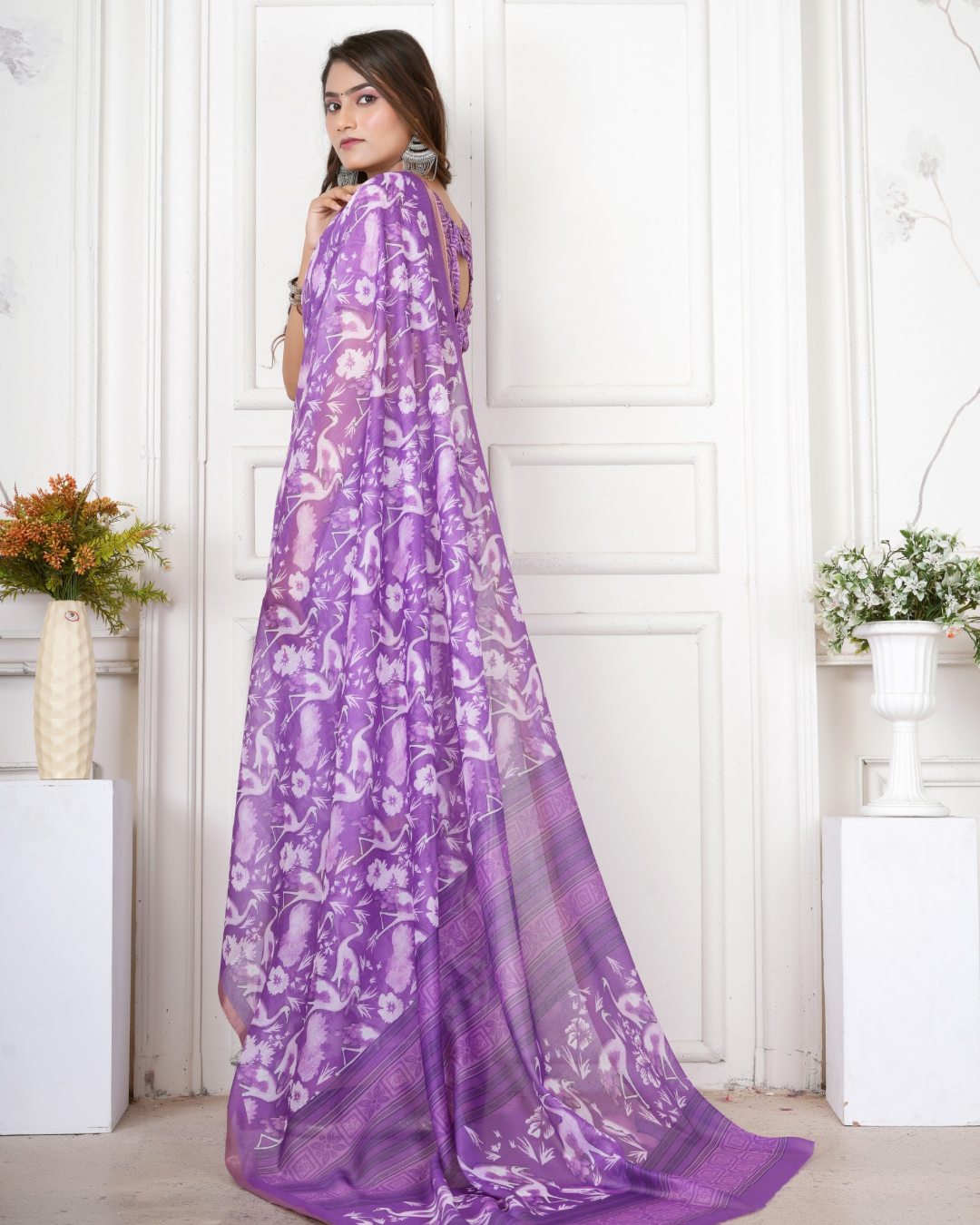 Lavender Crane Bird Print Saree