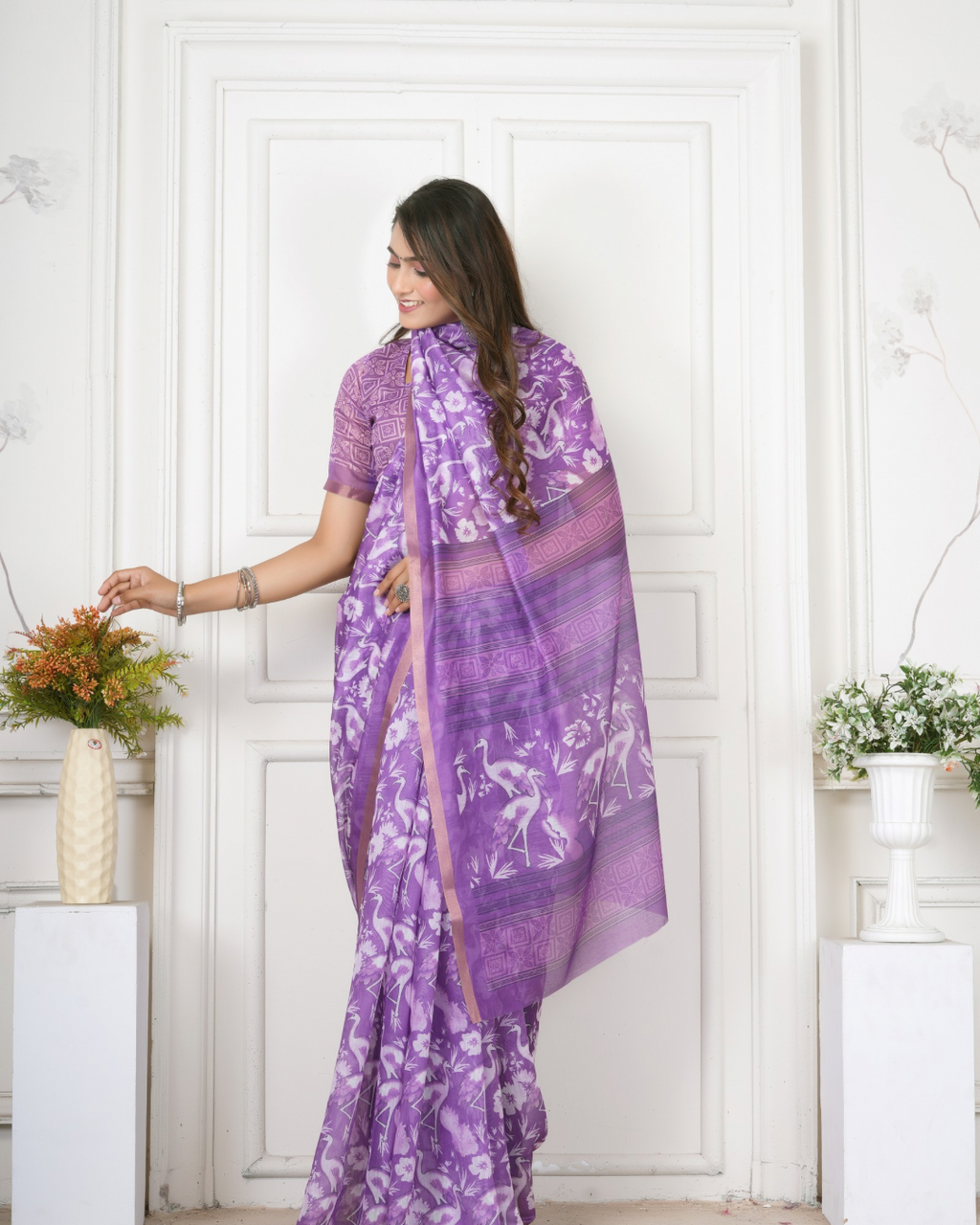 Lavender Crane Bird Print Saree
