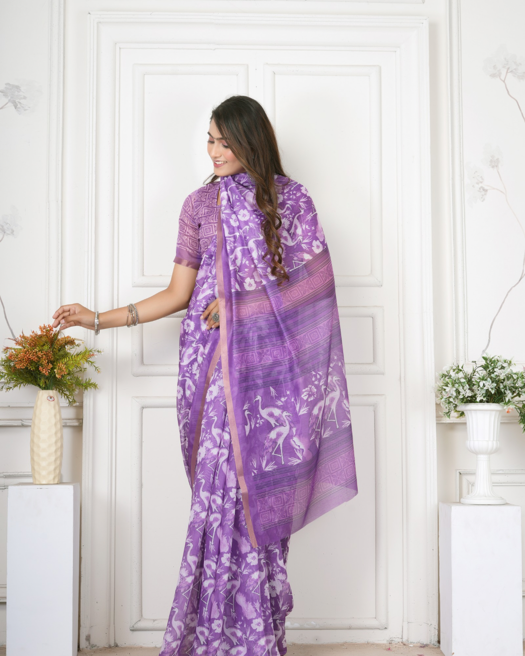 Lavender Crane Bird Print Saree