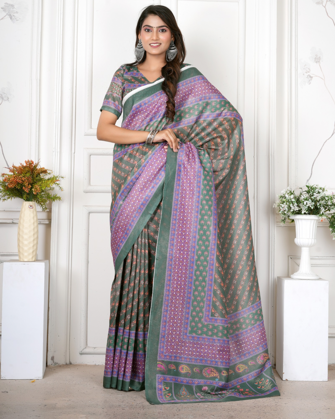 Moss Green Diagonal Booti Saree