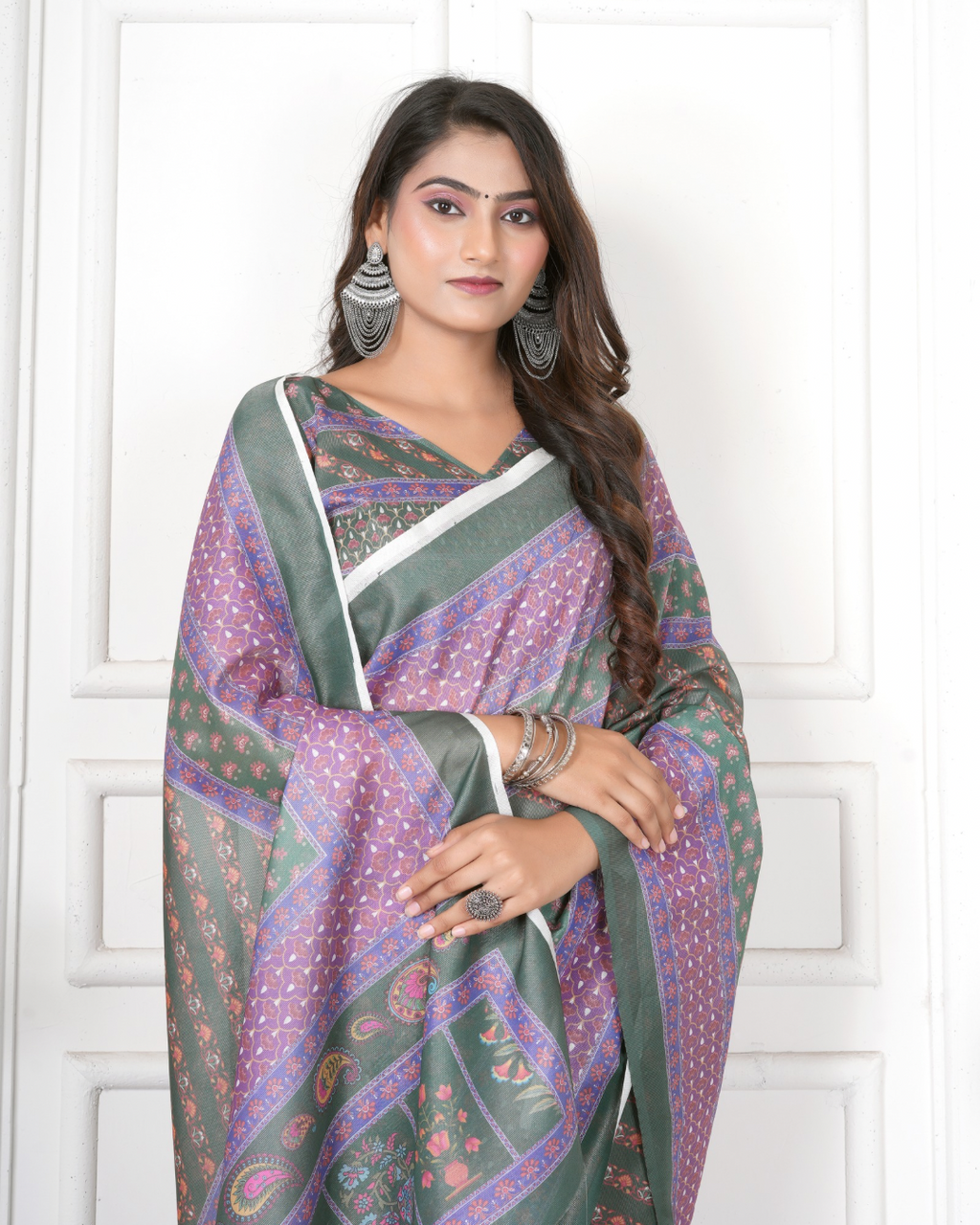 Moss Green Diagonal Booti Saree