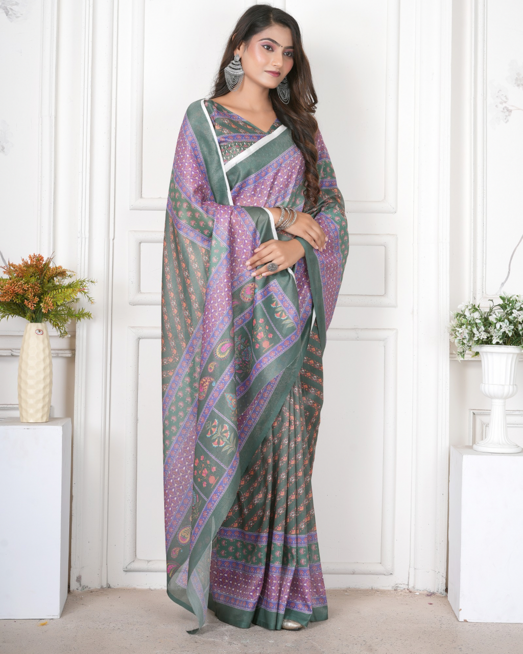 Moss Green Diagonal Booti Saree