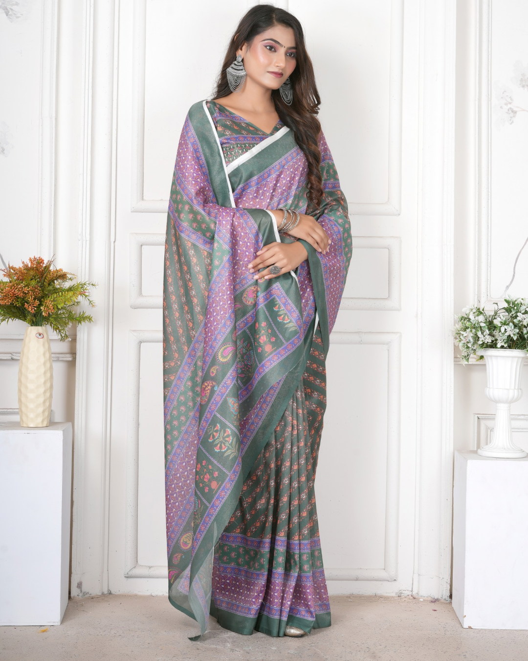 Moss Green Diagonal Booti Saree