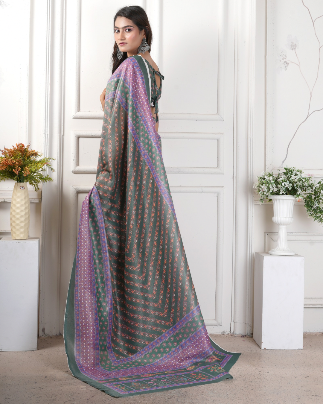 Moss Green Diagonal Booti Saree