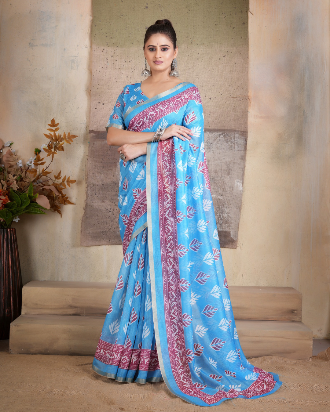 Sky Blue Leaf Sprig Saree
