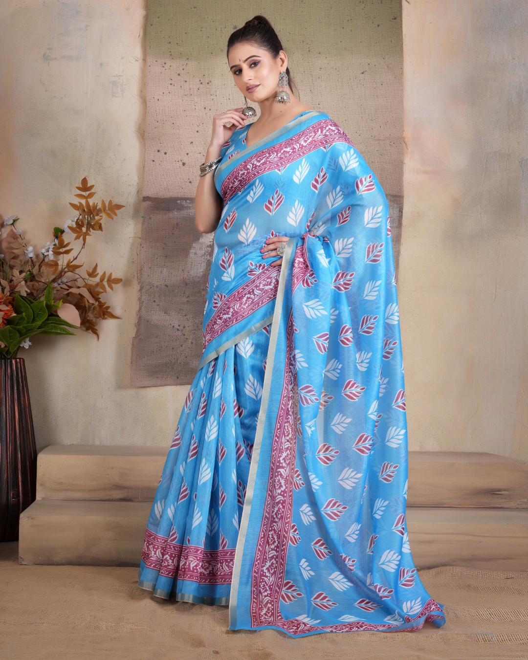 Sky Blue Leaf Sprig Saree