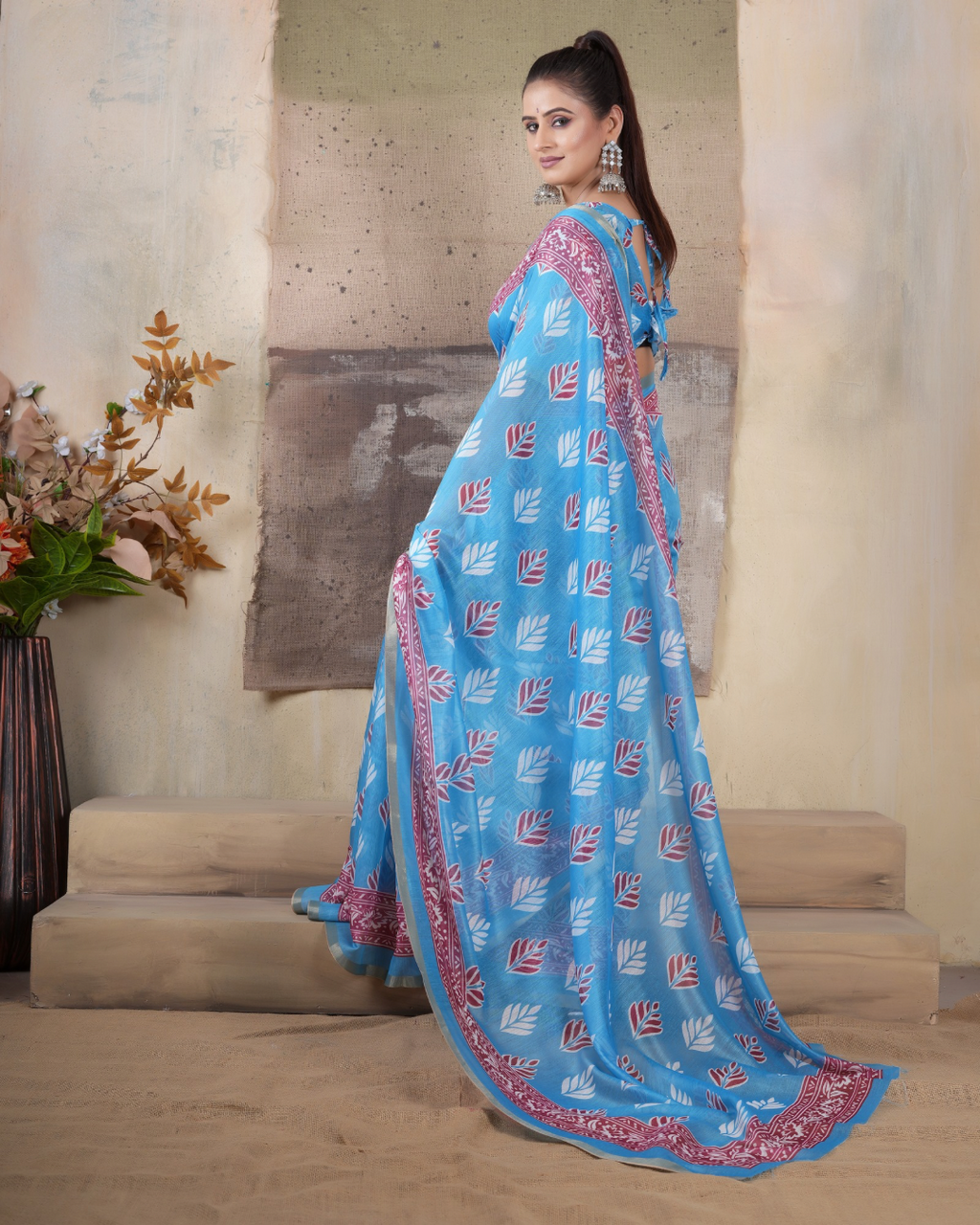 Sky Blue Leaf Sprig Saree