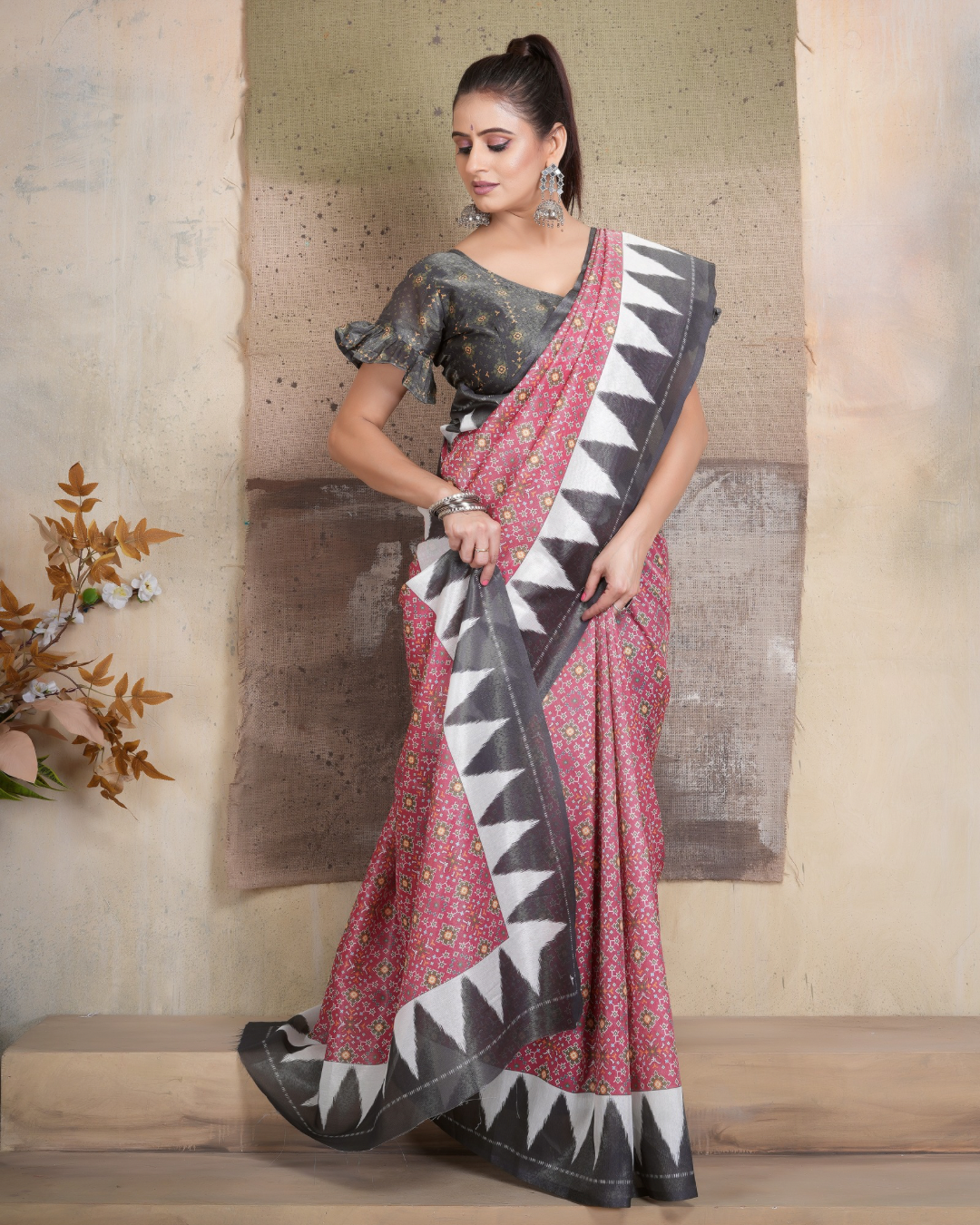 Dusty Rose Temple Border Saree