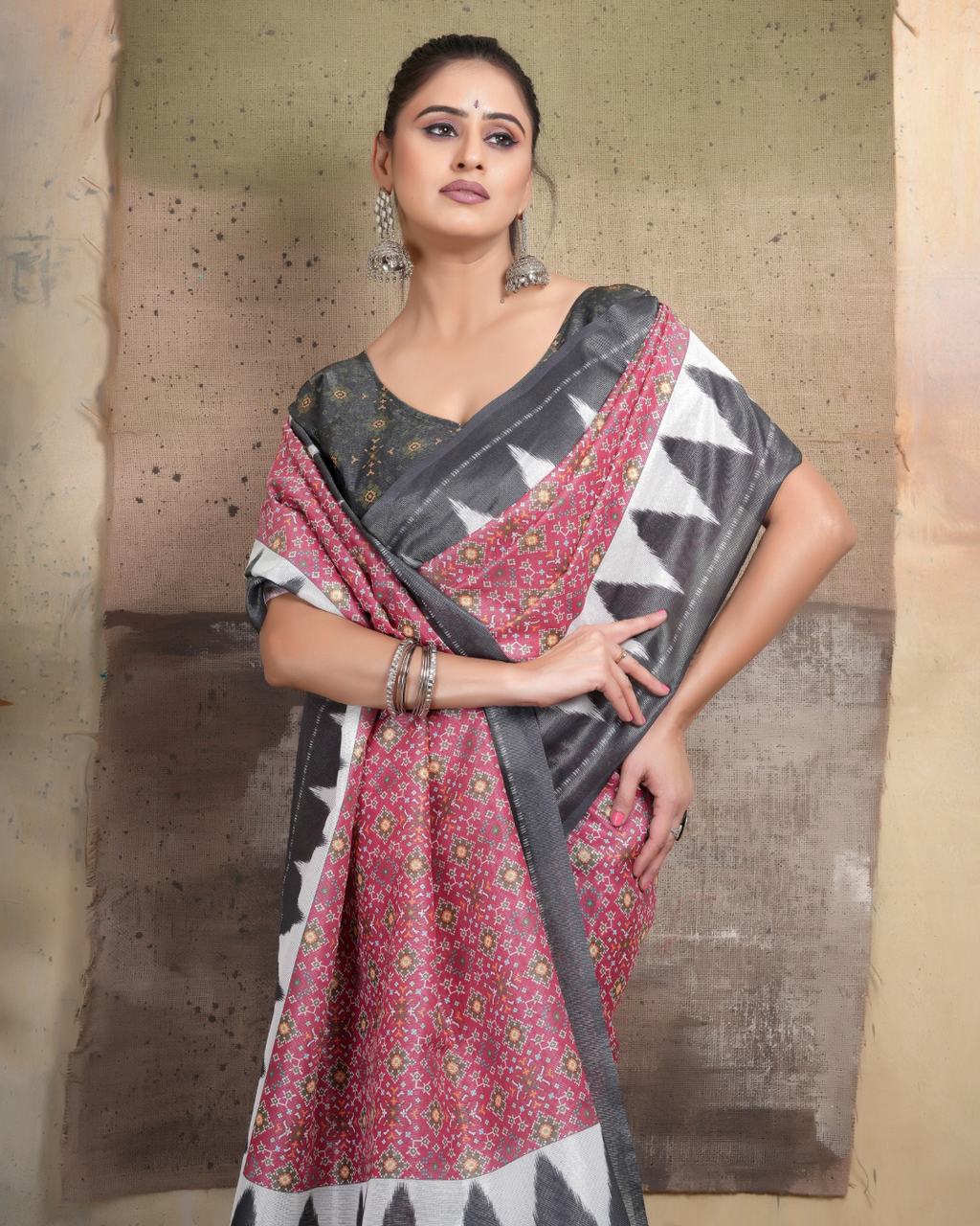 Dusty Rose Temple Border Saree