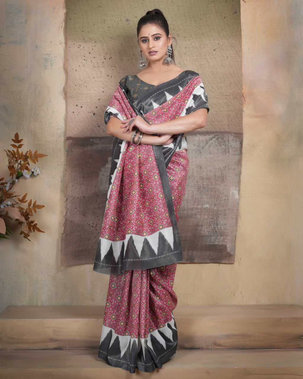 Dusty Rose Temple Border Saree
