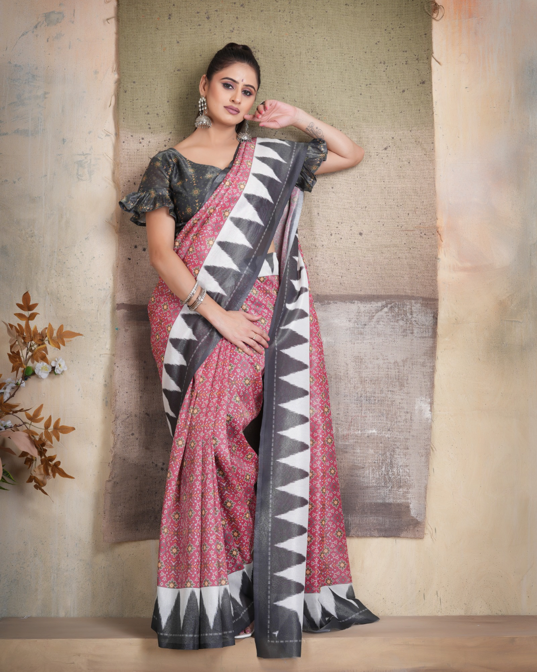 Dusty Rose Temple Border Saree
