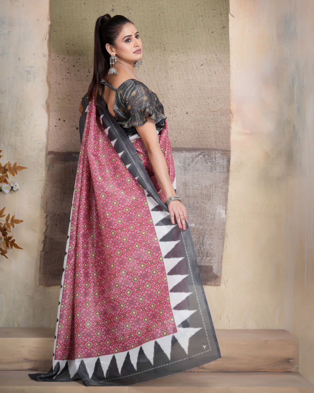 Dusty Rose Temple Border Saree