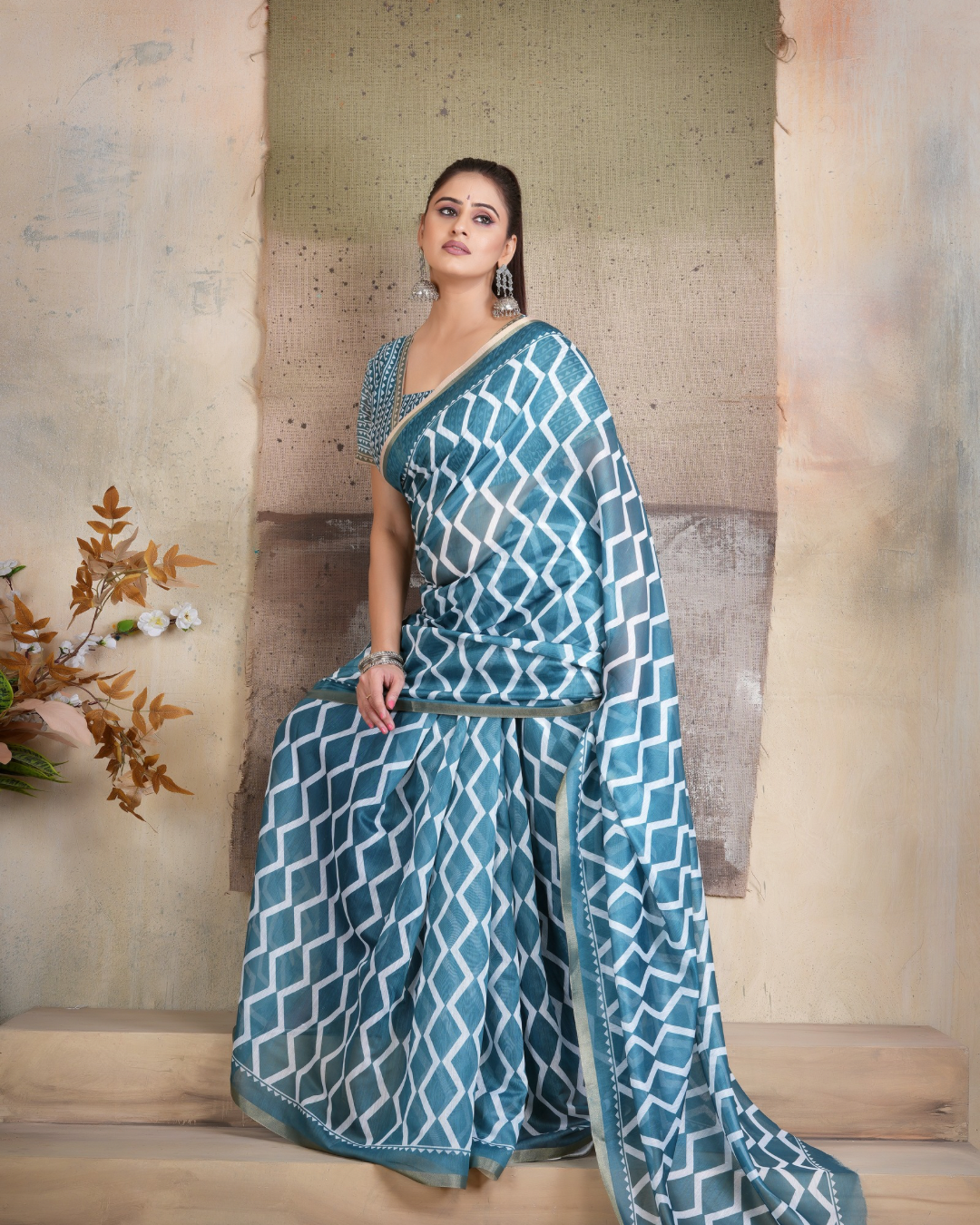 Slate Teal Geometric Diamond Saree
