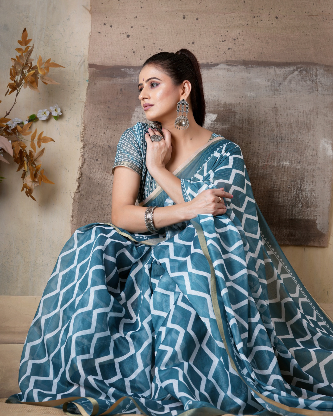 Slate Teal Geometric Diamond Saree