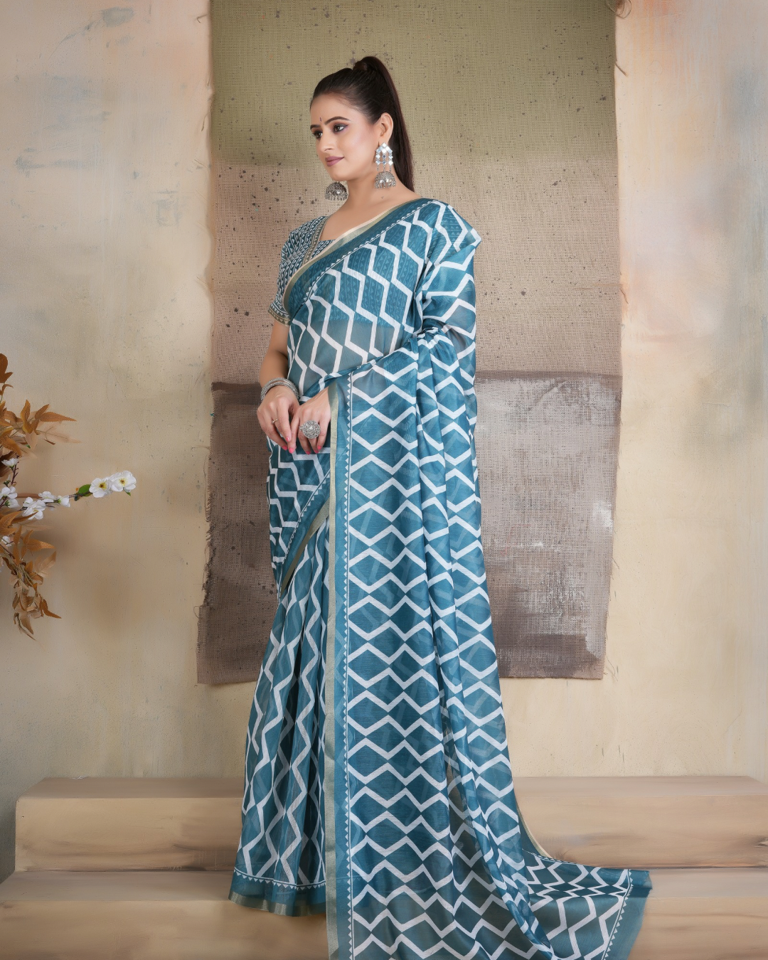 Slate Teal Geometric Diamond Saree