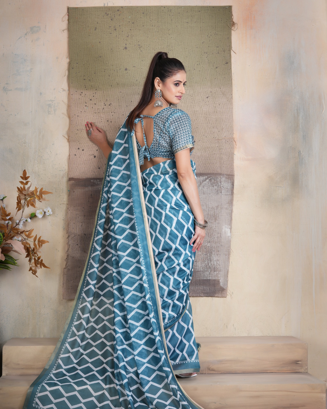 Slate Teal Geometric Diamond Saree