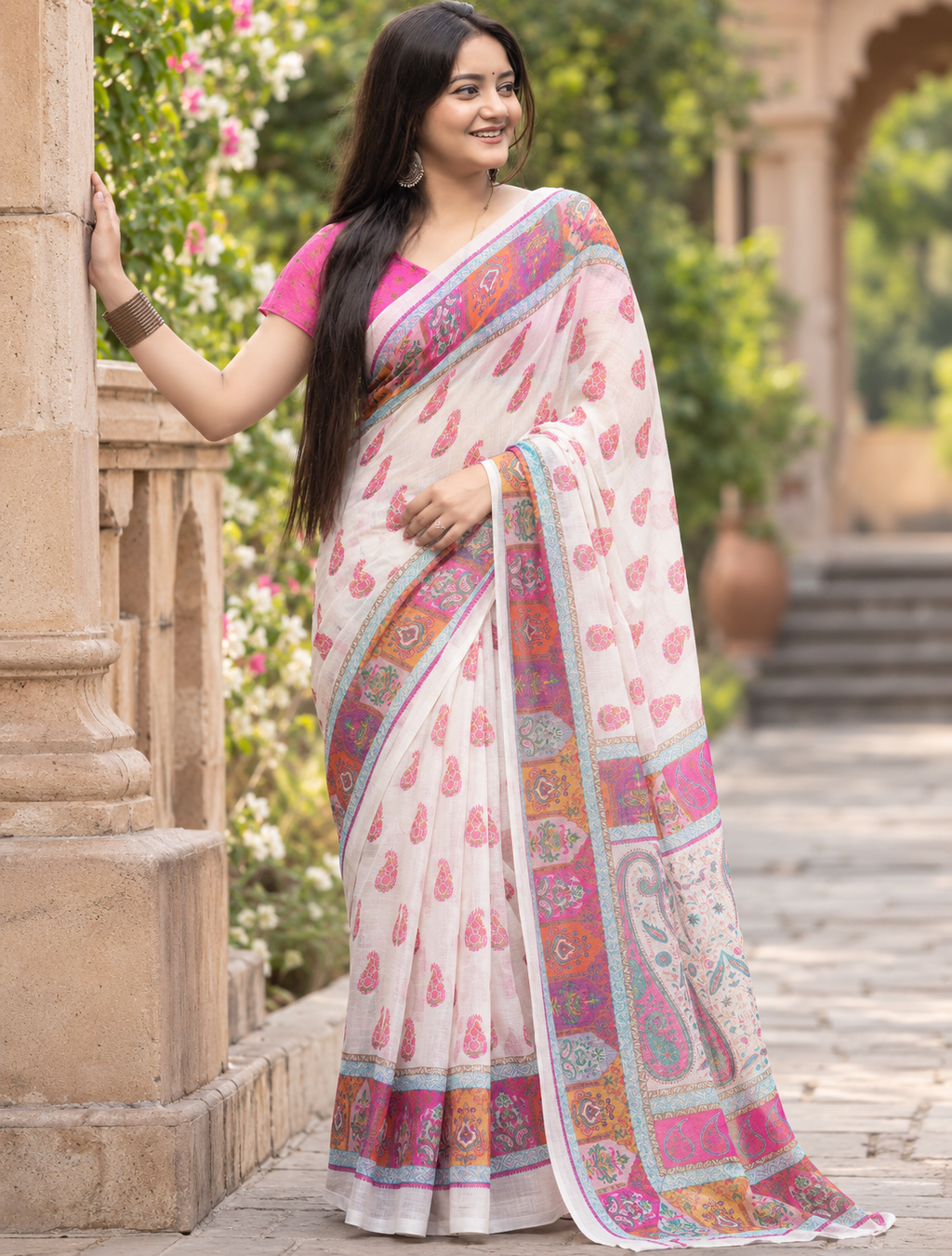 Ivory White Paisley Arch Heritage Saree