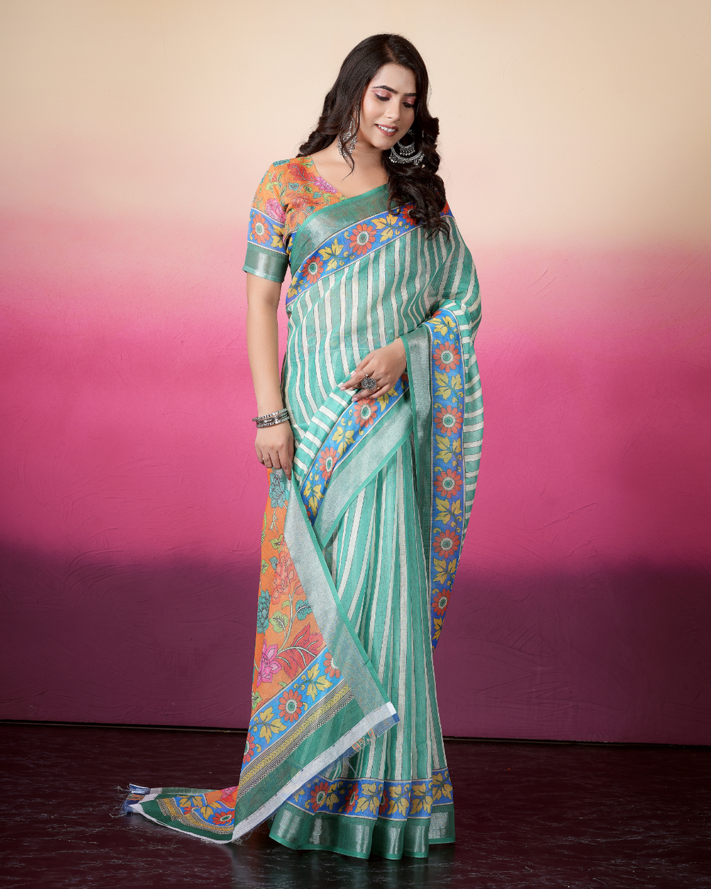 Sea Green Leheriya Stripes Saree