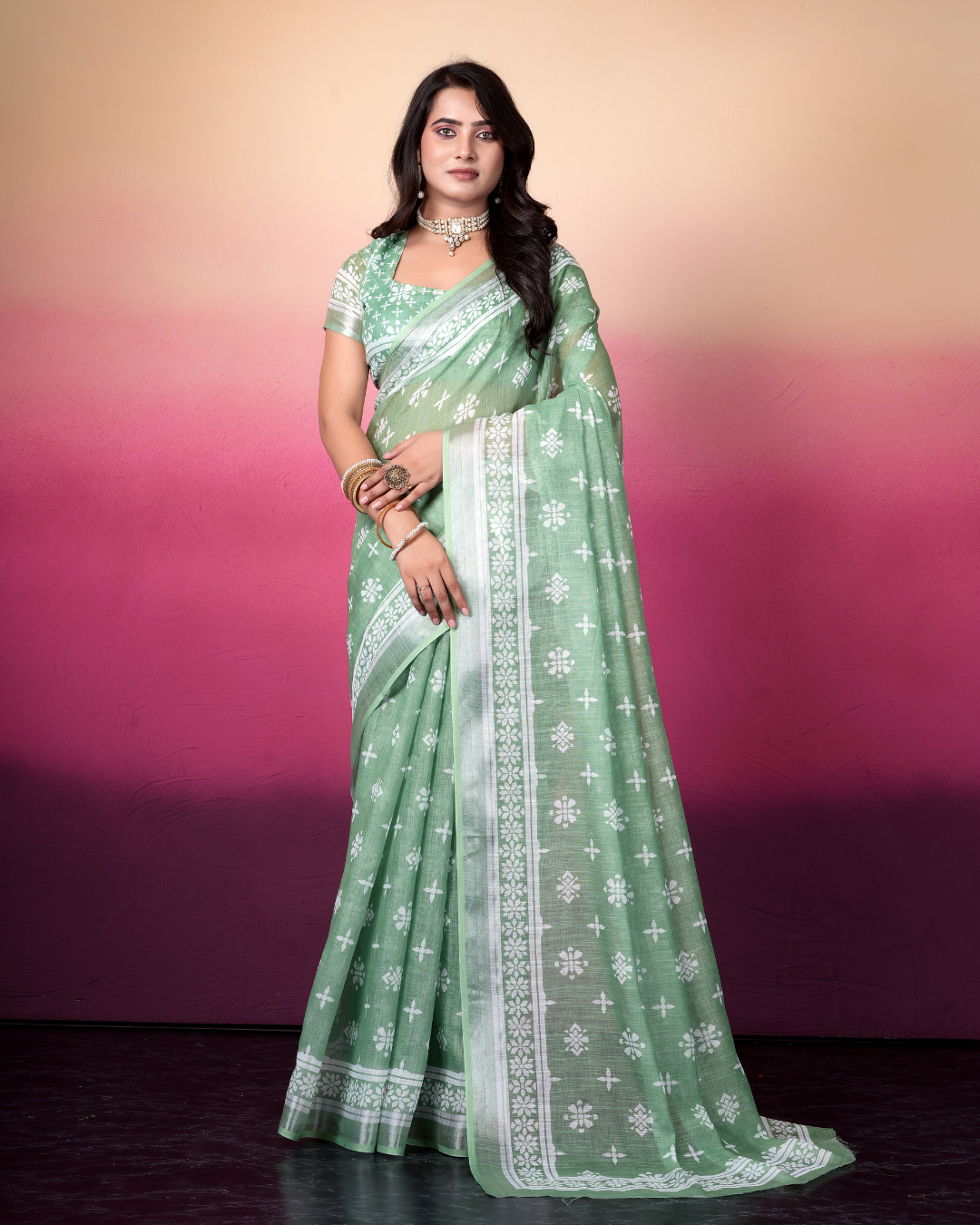 Sage Green Floral Butti Saree