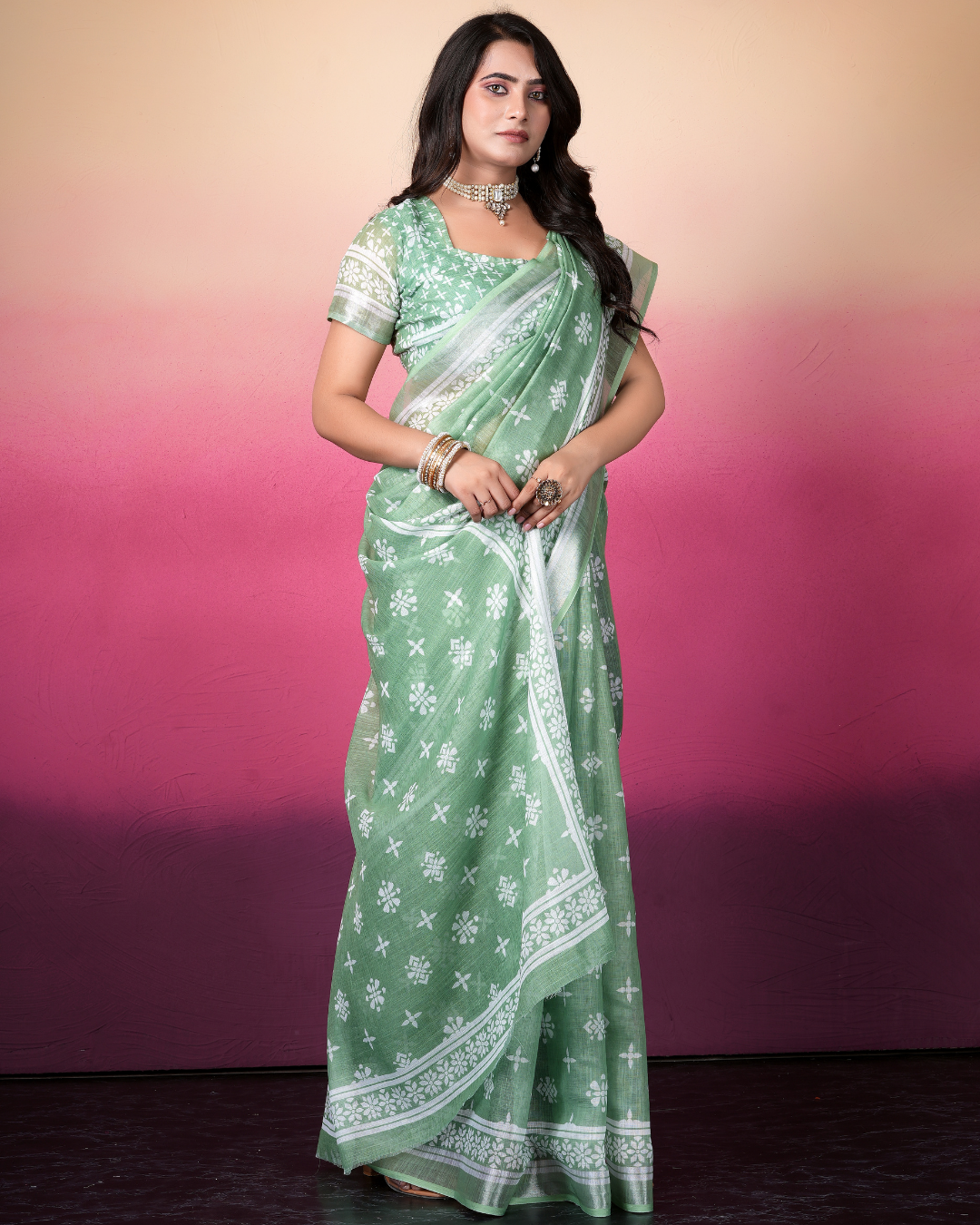 Sage Green Floral Butti Saree