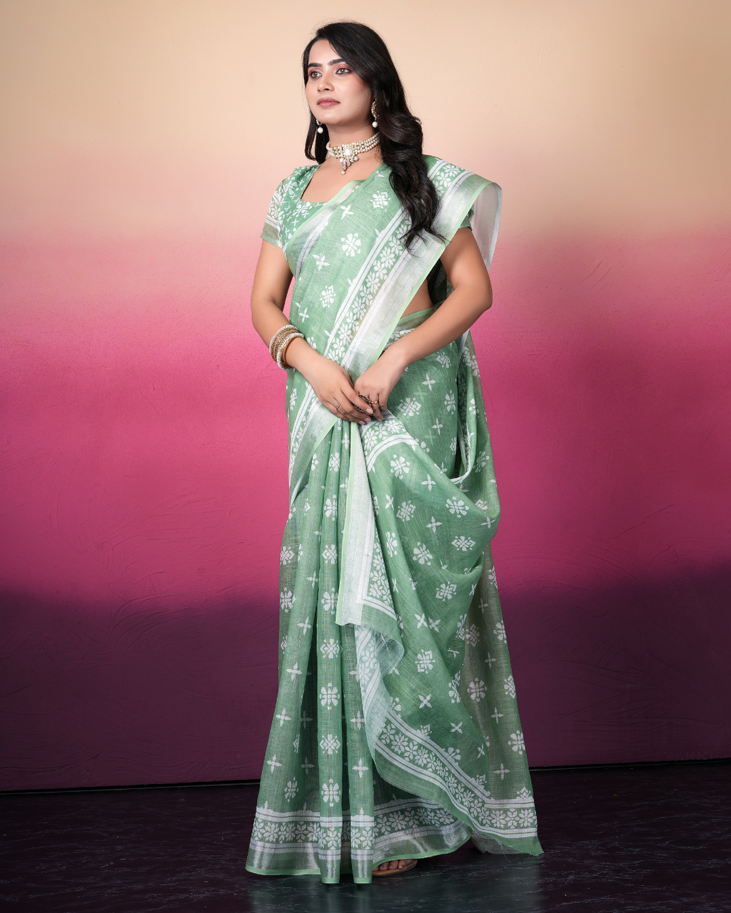 Sage Green Floral Butti Saree