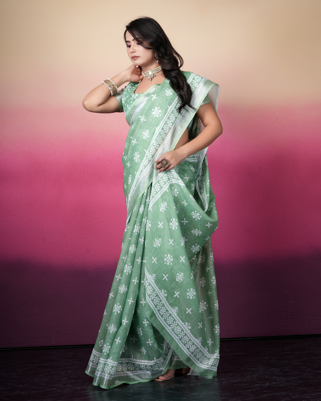 Sage Green Floral Butti Saree