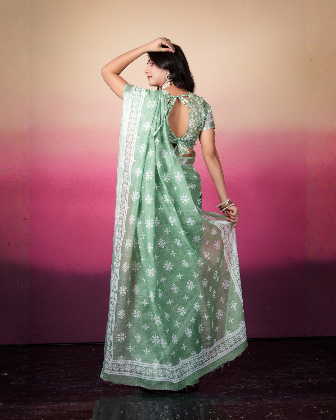 Sage Green Floral Butti Saree