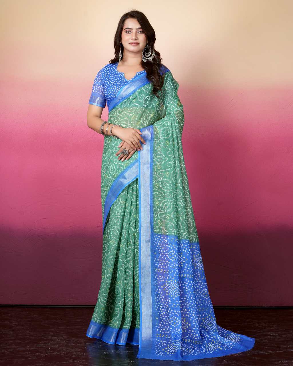 Green Bandhani Dual Tone Saree