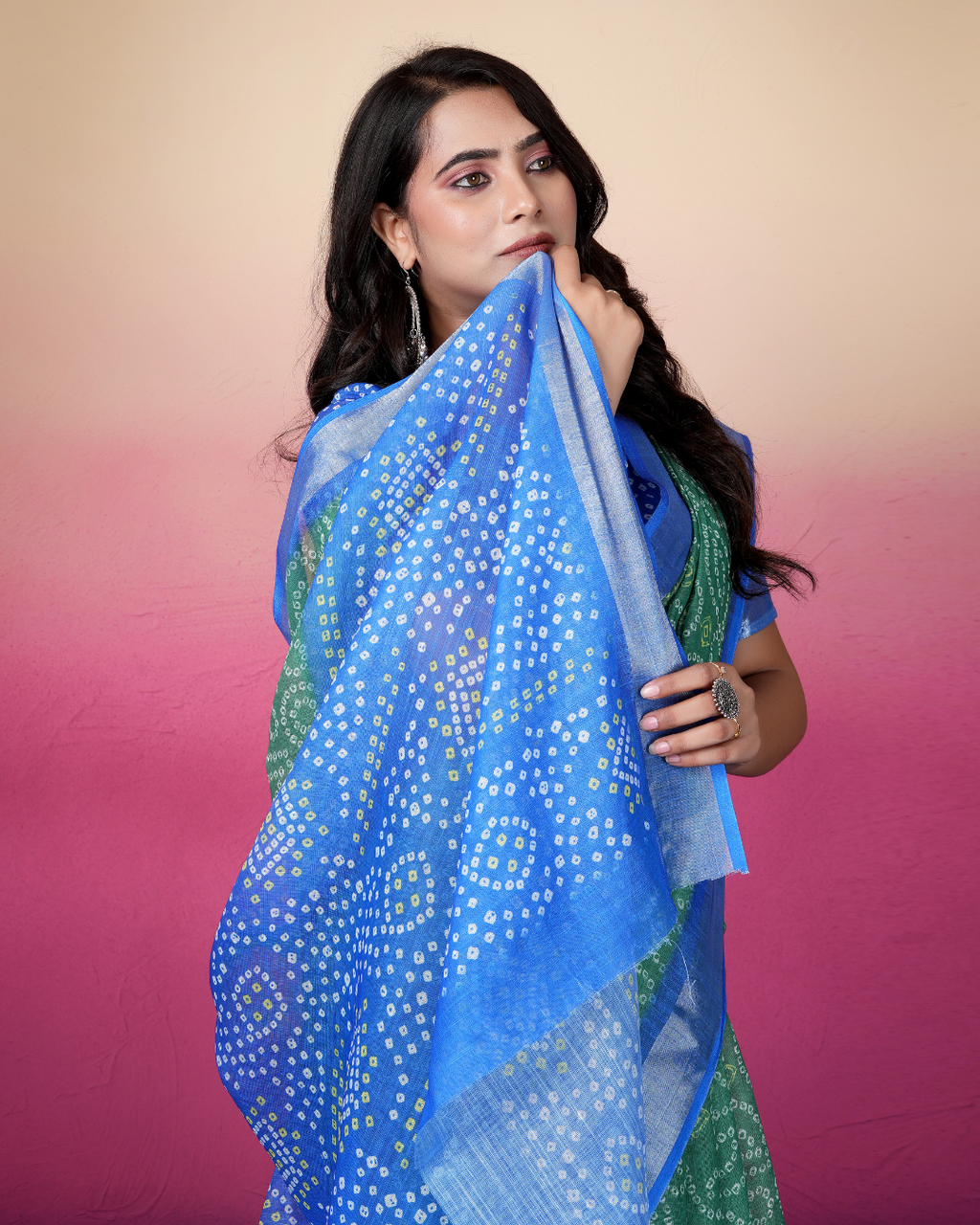 Green Bandhani Dual Tone Saree