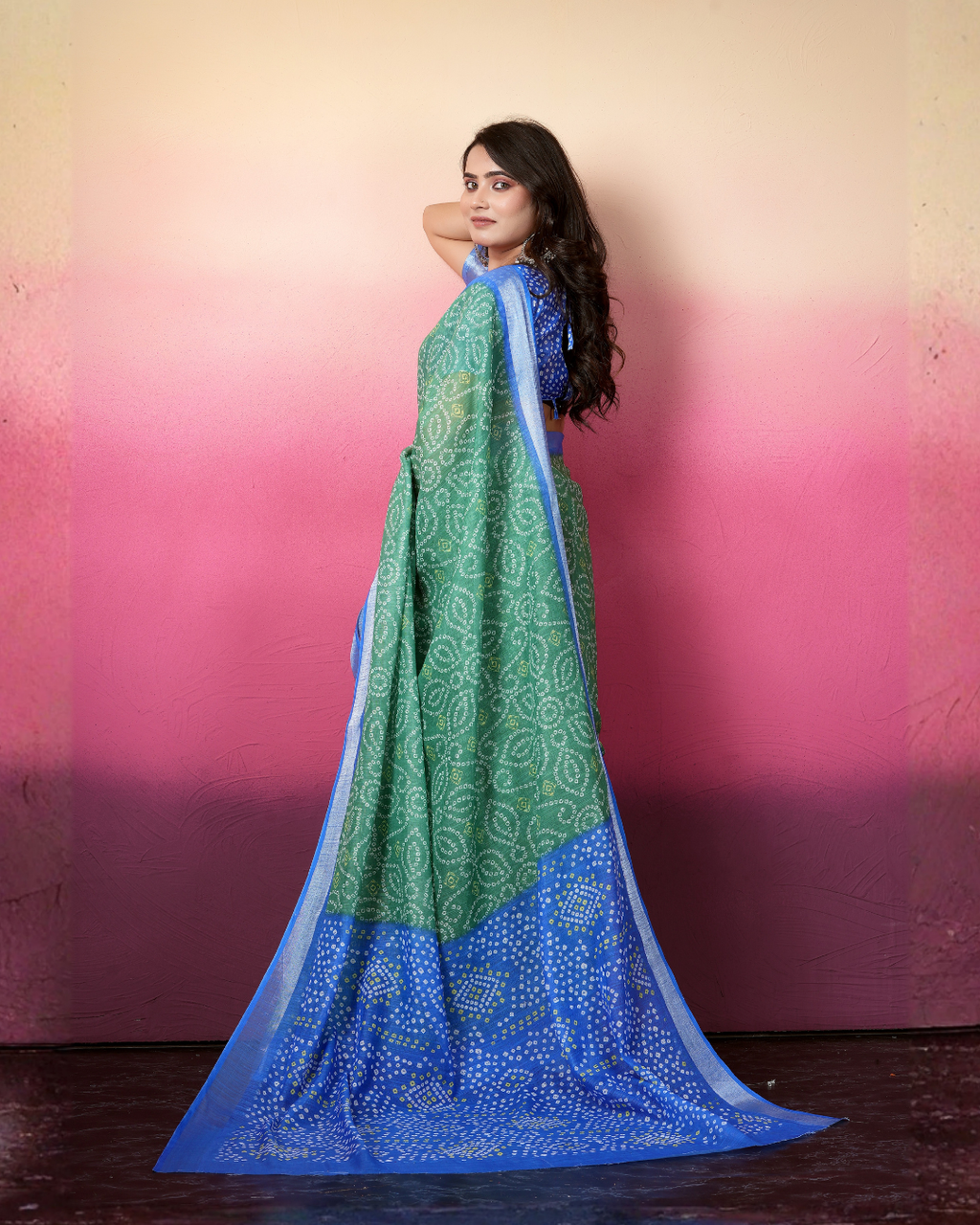 Green Bandhani Dual Tone Saree