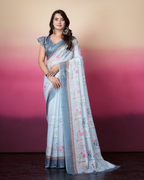 Powder Blue Grid Floral Saree