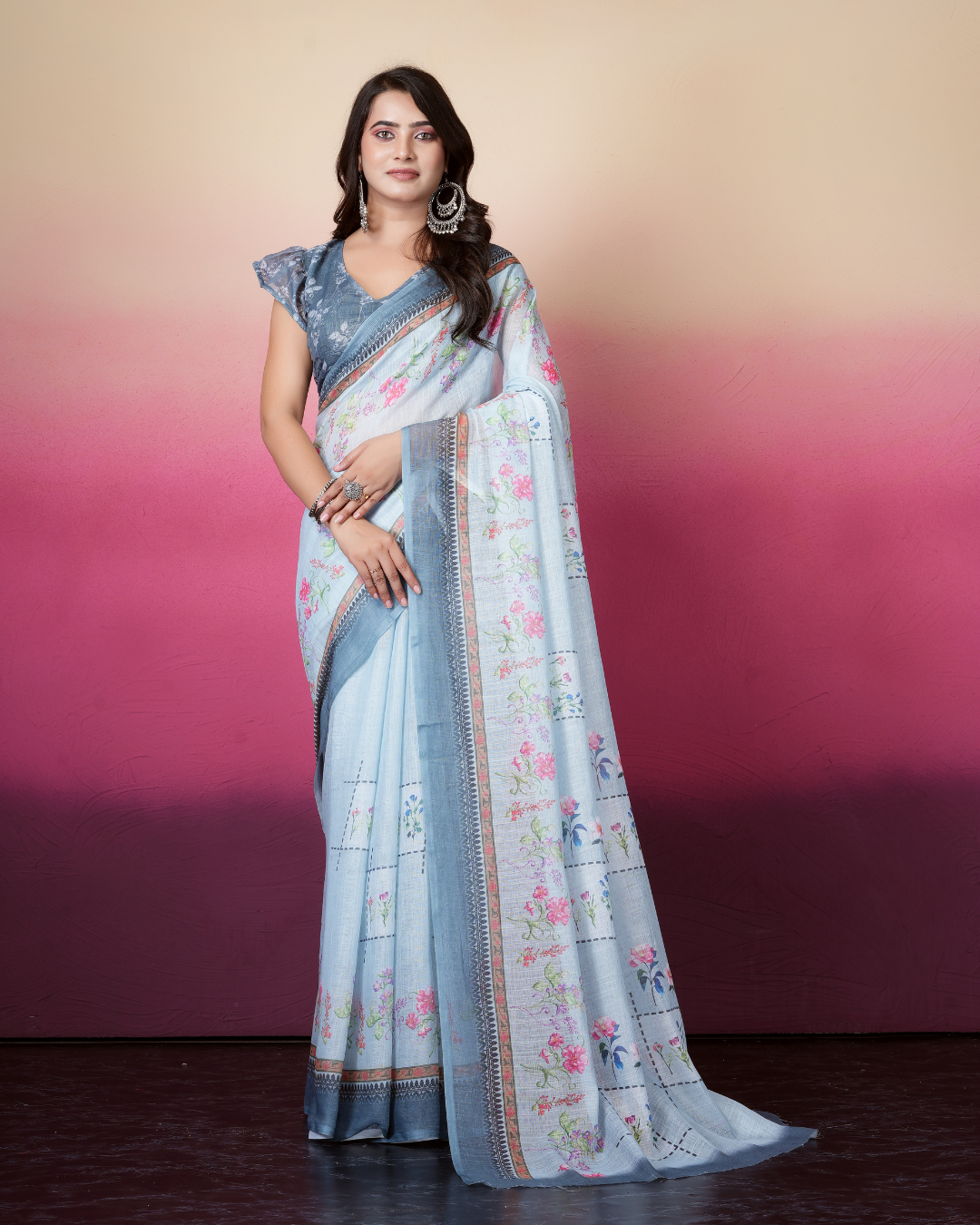 Powder Blue Grid Floral Saree