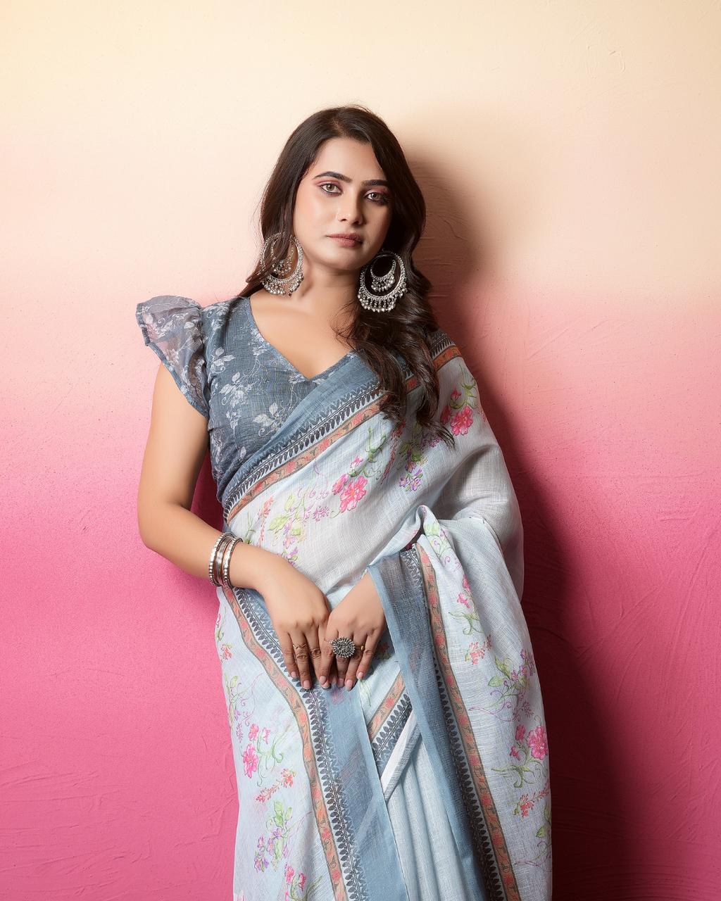 Powder Blue Grid Floral Saree