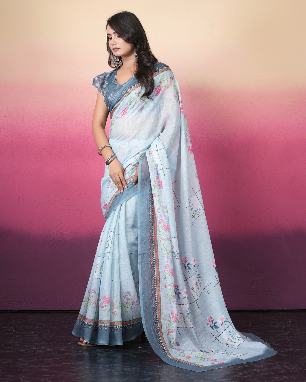 Powder Blue Grid Floral Saree